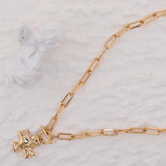 Gold Chunky Cross Necklace for Women - Bold Hammered Pendant with Toggle Clasp - Picture 6 of 7